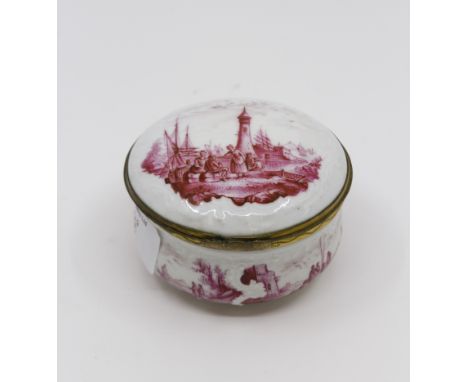 A 19th century trinket round box with pink scenes, Continental