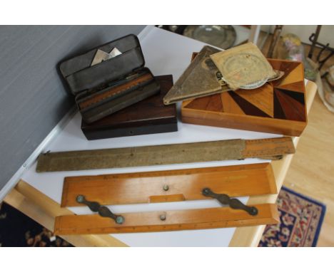 Scale rulers, rules, Parquetry box, draughtsman tools etc, with dip pen (parcel lot)