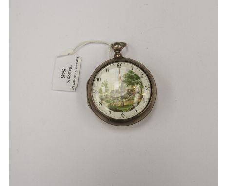Cohen & Job, Hastings, a George III silver fusee pair case pocket watch, 5cm enamel dial with a coaching scene, movement No.6