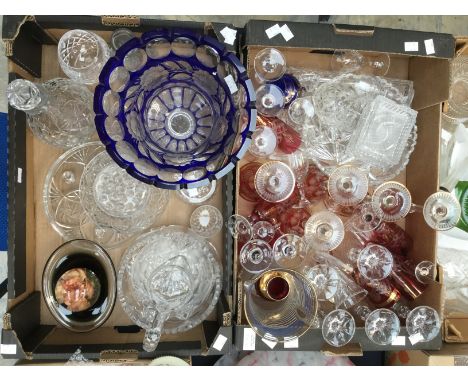 Quantity of cut glass decanters, ruby glass set, lemonade jug, cut glass, rose bowl and large Bohemian glass blue vase