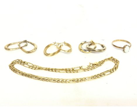 Mixed 9ct gold jewellery including a chain, pairs of hoop earrings and a Opal set ring 8.2g. Postage cat A