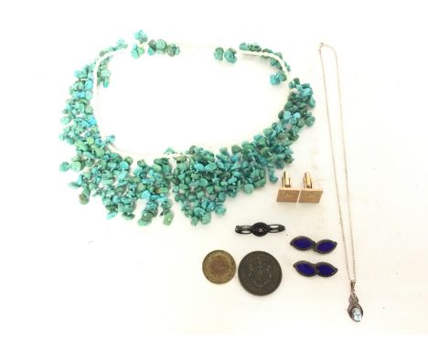 A collection of jewellery consisting of a silver and enamel CH Charles Honor brooch, silver cufflinks, pendant on silver chai