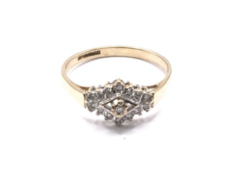9ct gold diamond cluster ring. Approx 1.9g. Ring size O. Postage category A.