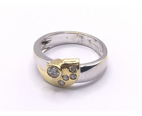 18ct gold 2 colour diamond 5 stone ring. Approx 5.4g. Ring size N/O. Postage category A.