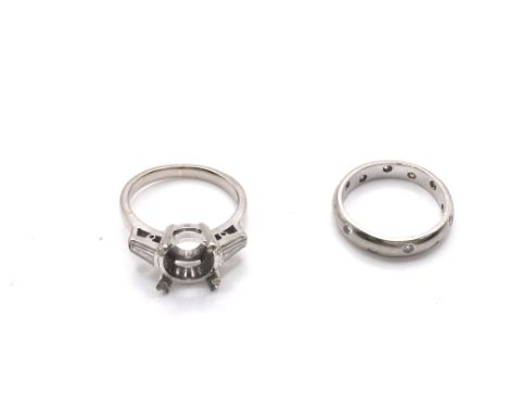 Two 18ct white gold rings. Central stone missing from one ring which is K 1/2 and 5.1g. Other ring is size I 1/2 and 3.5g. Po