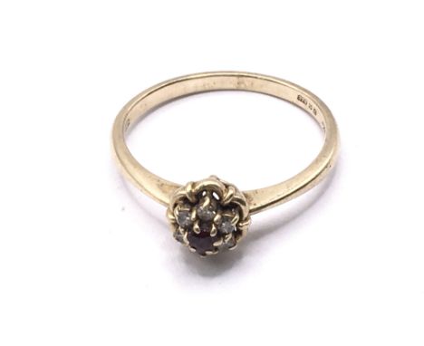 9ct gold diamond &amp; ruby cluster ring. Approx 1.8g. Ring size L. Postage category A.