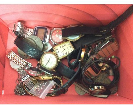 Box of various watches, some coins and rings, Atlantic star etc. Watches including Mappin &amp; Webb, Casio etc