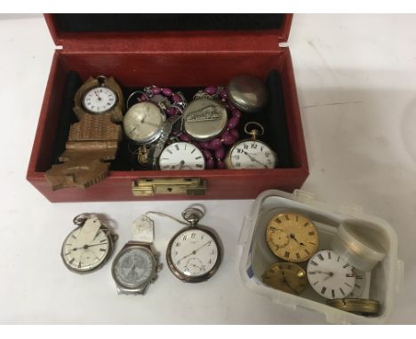 A collection of pocket watches a Swatch Chronograph watch chrome case and a quantity of pocket watch movement