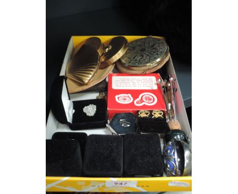 A selection of miscellaneous including powder compacts, hat pins, Consul Amor lighter, pill boxes, retracting tape, Cunard me
