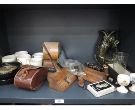 A selection of miscellaneous including spoke shave, Edwardian mantel clock, commemorative egg cups, Prattware pot lids etc
