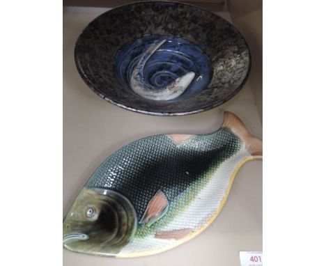 An Art pottery dish by Roger Cookram having fish design and a vintage fish plate