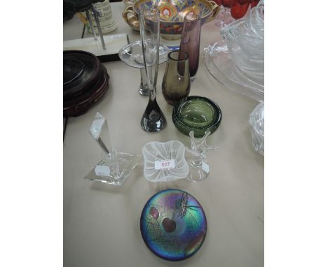 A selection of art glass including lattino dish, a perfume bottle and a Ditchfield glassform paperweight of dragonfly design