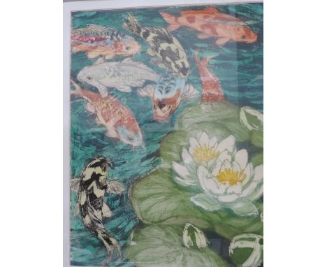 A Limited Edition print after David Koster, Koi Carp and Water lilys, signed