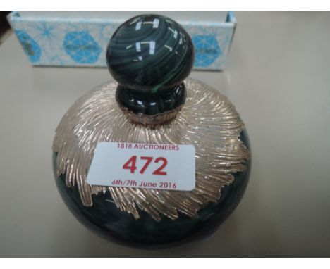 A modern art glass perfume bottle having HM silver collar of wave design, monogrammed to base