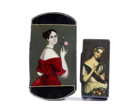 A 19th century German lacquered papier-mâché cigar case, decorated with a lady with a rose, the other side with a harbour vie