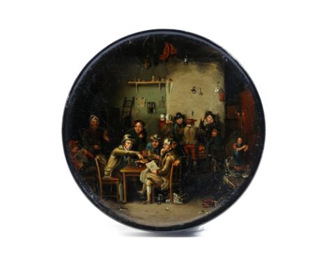 An early 19th century lacquered papier-mâché snuff box by Samuel Raven (1775-1847), of circular form, the lid painted with a 