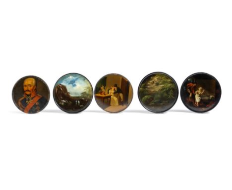 Five 19th century lacquered papier-mâché snuff box lids, one painted with a portrait of General Gebhard Leberecht von Blücher