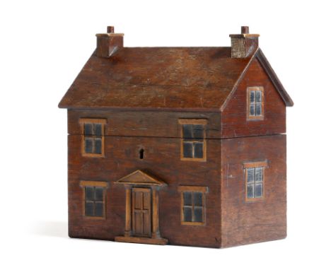 A novelty 19th century mahogany and fruitwood tea caddy, in the form of a house, the front with a pedimented door, the roof h