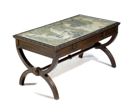 An Edwardian mahogany coffee table, the top inset with a Chinese scroll painting on silk attributed to Qiu Ying (1494-1552), 