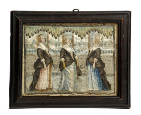 A rare silk and silver thread needlework picture by Mary Sibley, depicting the Sibley sisters, standing in a gallery below a 