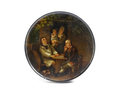 A 19th century German lacquered papier-mâché snuff box by Stobwasser, of circular form, the lid painted with figures outside 