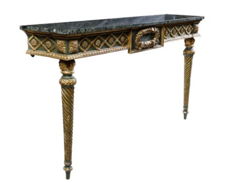 A near pair of 19th century Italian painted and giltwood console tables, each with a later verde antico marble top (one broke