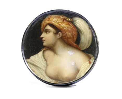 An early 19th century German lacquered papier-mâché snuff box by Stobwasser, of circular form, the lid painted with a young T