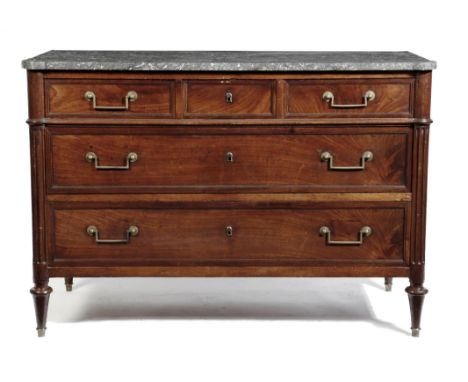 A Directoire mahogany commode, the grey veined marble top above a frieze drawer, with a panelled false front and two further 