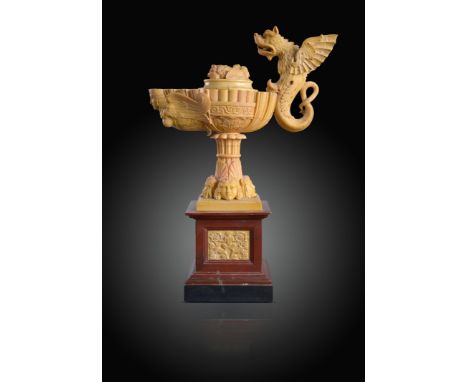 After the antique. A mid-19th century Italian Siena marble Grand Tour model of a Roman lamp, the body in the form of an Egypt