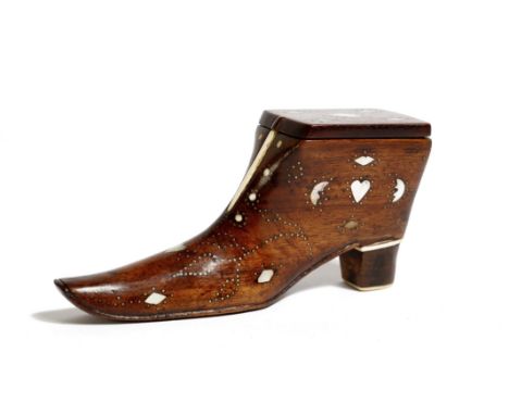A 19th century treen snuff shoe, with tack, mother of pearl and bone inlay, the sliding cover decorated with diamonds and a h