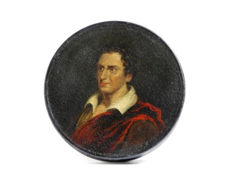 An early 19th century lacquered papier-mâché snuff box by Samuel Raven (1775-1847), of circular form, the lid painted with a 