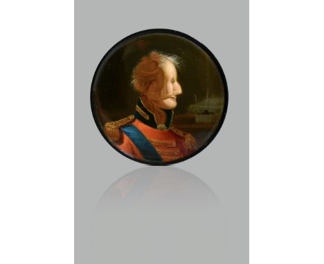 A rare early 19th century German lacquered papier-mâché snuff box, of circular form, the lid painted with a portrait of the D