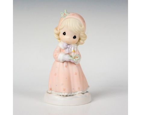 Features a blonde girl standing in snow holding a hurricane lamp wearing s pink coat with matching gloves. Precious Moments b