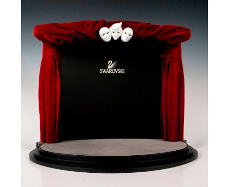 Theater display with stage, felt red curtain, black backdrop and white masks. Designed for the 1999-2001 Masquerade Trilogy S