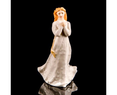 Sentiments series. Light brown hair and yellow sash; final piece has dark brown hair and white sash.Royal Doulton backstamp. 