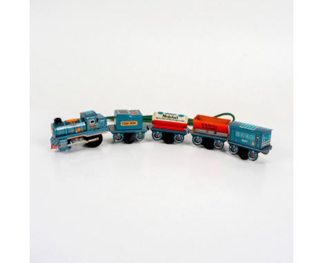 Train set includes the engine and caboose with cars labeled Coal Box, Mobiloil, Gravel &amp; Sand. This item has its original