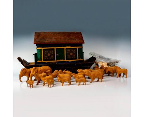 Handcrafted and painted ark with 21 animals, Noah and his wife. Includes 27 lithograph paper design elements. Issued: c. 1900