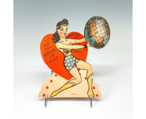 Die-cut stiff paper folding card depicts Wonder Woman holding globe with large heart in background. Text reads "For You, Vale