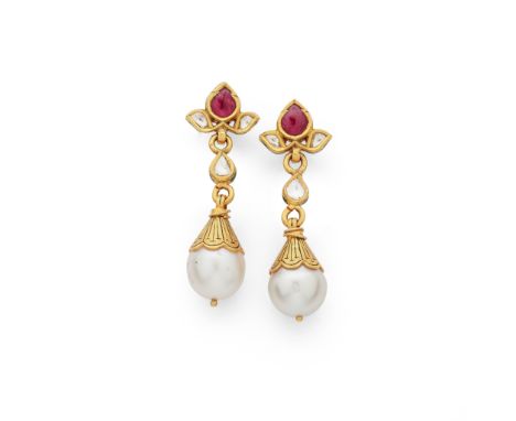 A pair of Indian gem-set pendent earrings Each 9.2mm cultured pearl with scalloped cap decorated with black enamel detail, su