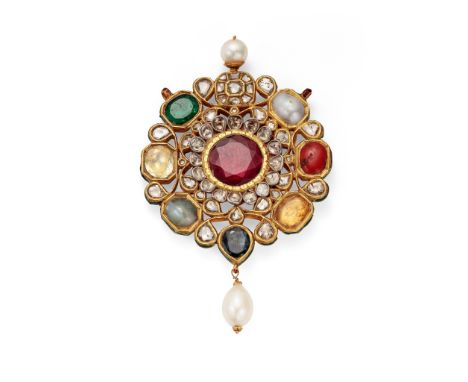 An Indian gem-set Navaratna pendant Designed as an octagonal openwork cluster, set with various foiled gems and diamond accen