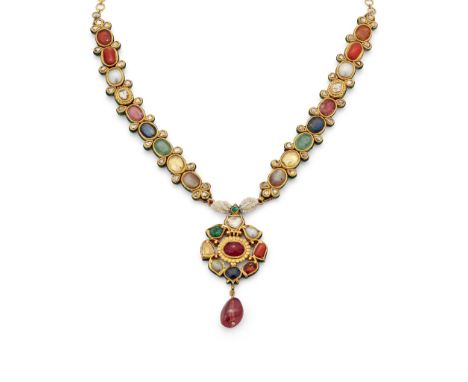 An Indian Navaratna pendant necklace The pendant set with nine cabochon, flat and rose-cut gems in foiled closed back mounts,