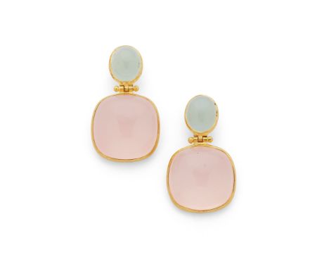 A pair of rose quartz and aquamarine earrings Each cushion-shaped cabochon rose-quartz suspended from an oval cabochon aquama