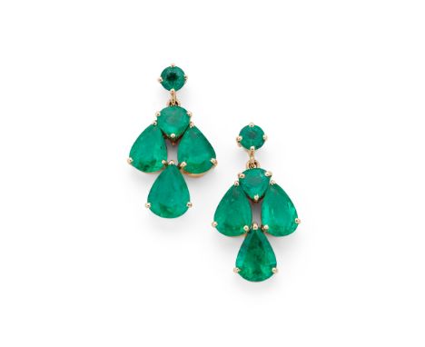 A pair of emerald pendent earrings Each circular-cut emerald surmount, suspending a pear-shaped and circular-cut emerald clus