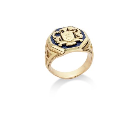 An enamelled Westover school ring, by Tiffany &amp; Co. The octagonal blue enamel plaque with the crest of Westover school, b