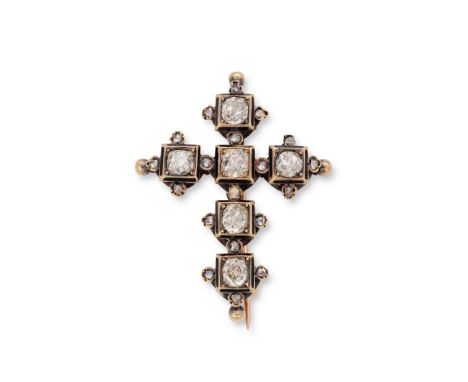 An antique diamond cross brooch / pendant, circa 1880 The Latin cross set with six old brilliant-cut diamonds in square mount