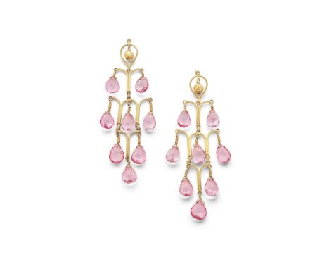 A pair of pink tourmaline pendent earrings Each of chandelier design, the tiered 18ct gold arches suspending faceted pear-sha