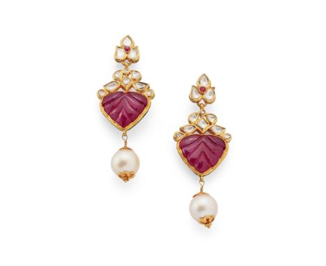 A pair of Indian carved ruby, diamond and cultured pearl earrings Each carved leaf-shaped cabochon ruby with a foiled flat-cu