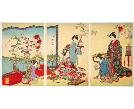 Artist: Nobukazu Yosai (1872-1944)Title: Ladies Etiquette: Flower Arrangement of Four SeasonsPublisher: Takekawa SeikichiDate
