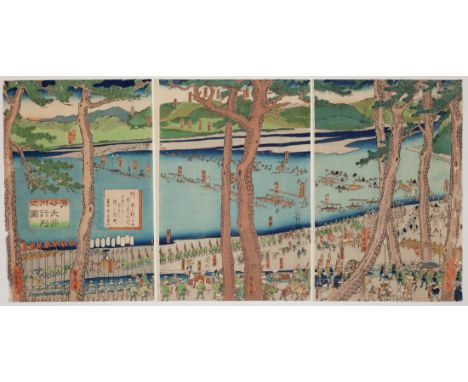 Artist: Sadahide Utagawa (1807-1873) Title: Procession of Minamoto no Yoritomo across the Oi River Publisher: Yamamotoya Heik