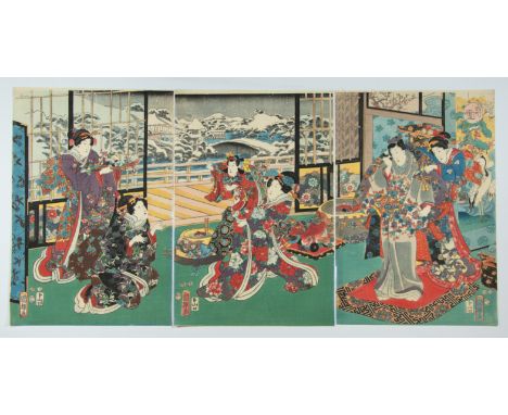 Artist: Kuniteru I Utagawa (act.1810s-1850s)Title: Kyoto Palace in SnowPublisher: Yamaguchiya TobeiDate: 1853Size: (L) 37 x 2